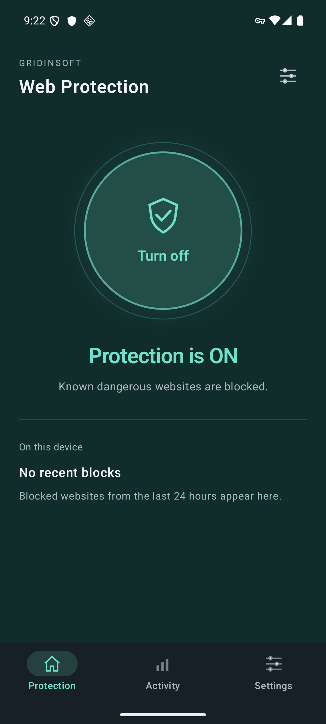 Gridinsoft Web Protection no Android, mostrando Protection is ON e um botão grande Turn off