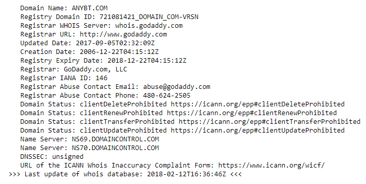 Informações WhoIs sobre o domínio anybt.com