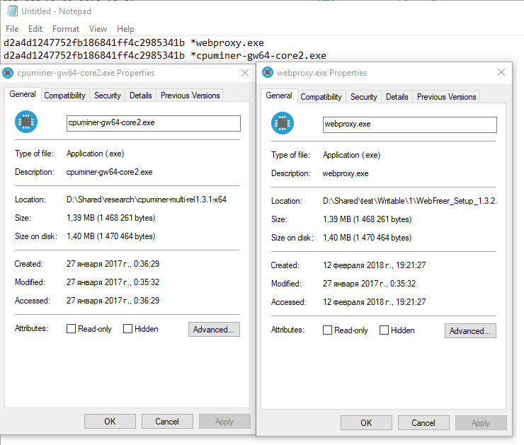 Então, webproxy.exe é na verdade cpuminer-gw64-core2.exe