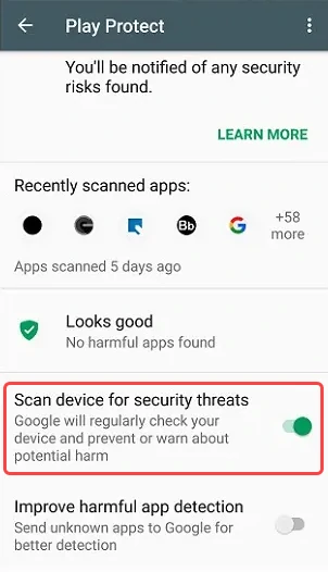 Google Play Protect ativado