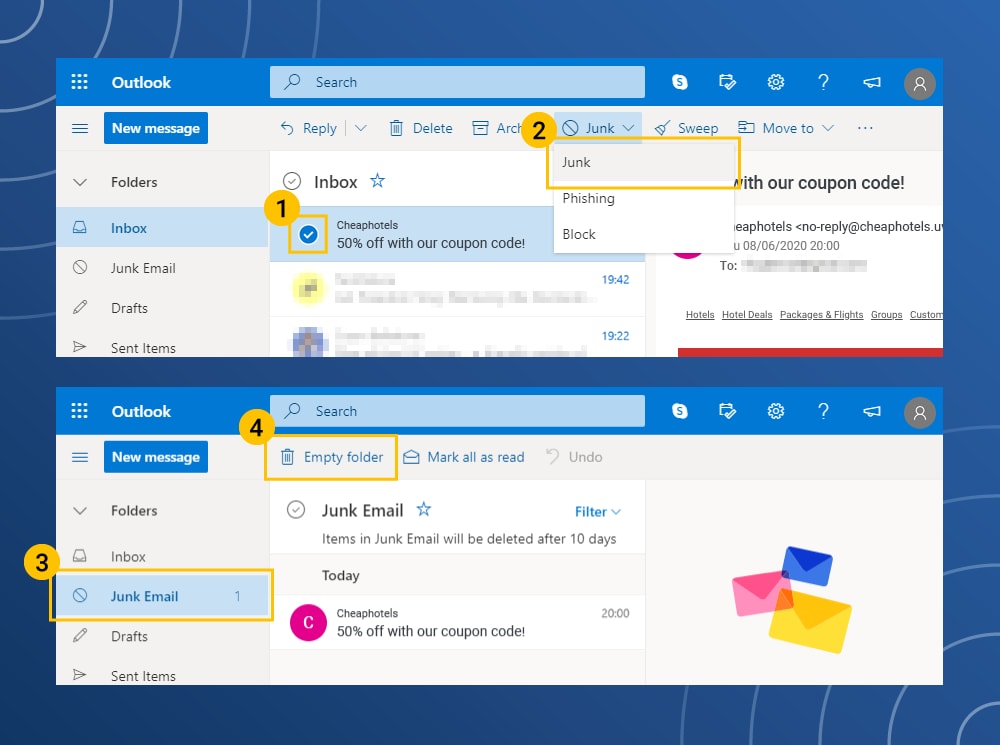 Elimine e-mails de spam do Outlook