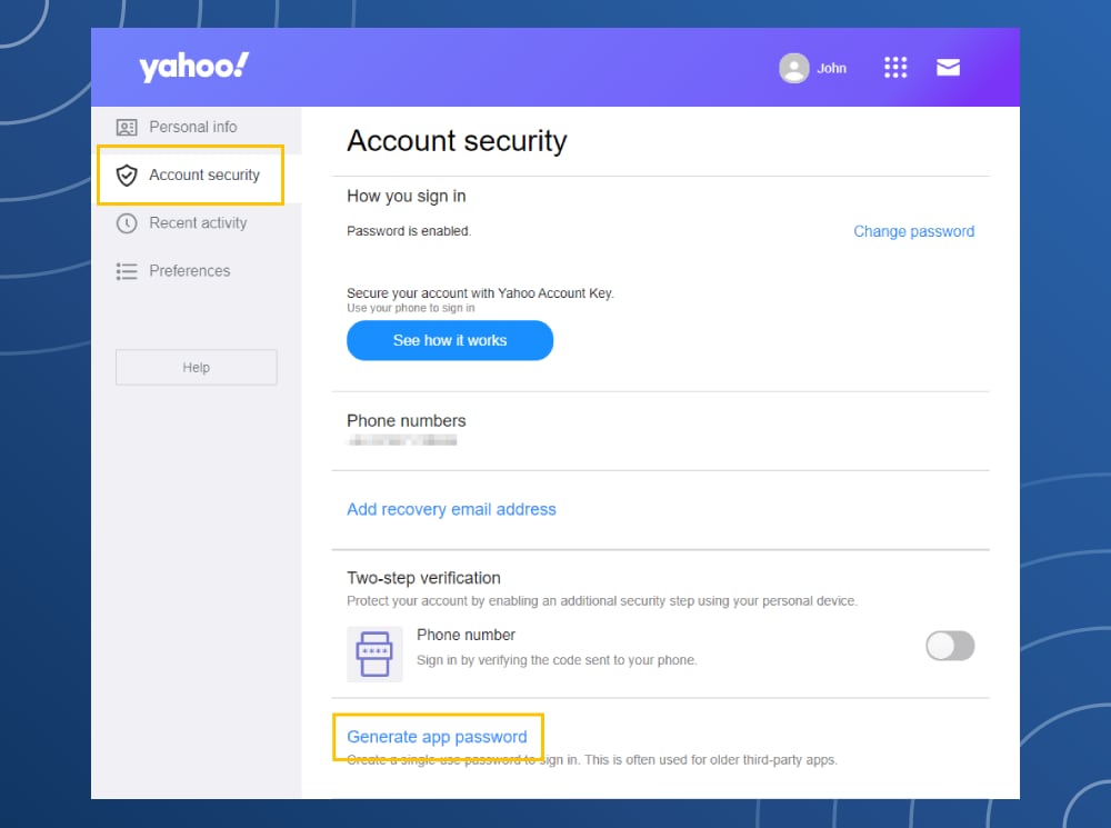 Yahoo!Configurações de privacidade de e-mail