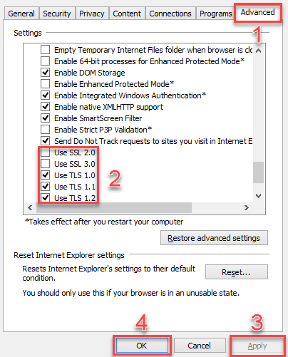 Configurações do protocolo de segurança