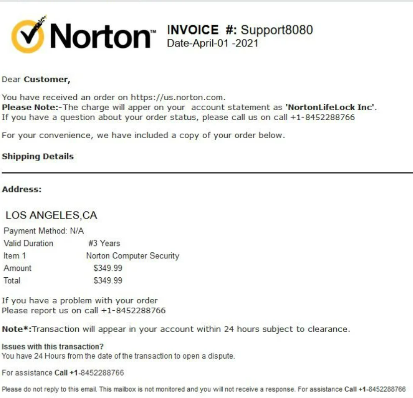 E-mail fraudulento do Norton