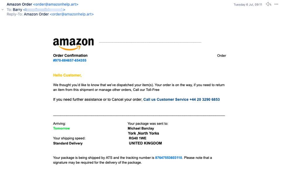 Aviso falso de entrega da Amazon