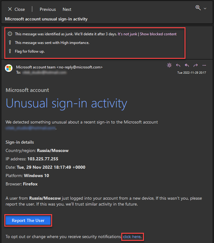Mensagem fraudulenta de e-mail da Microsoft aberta