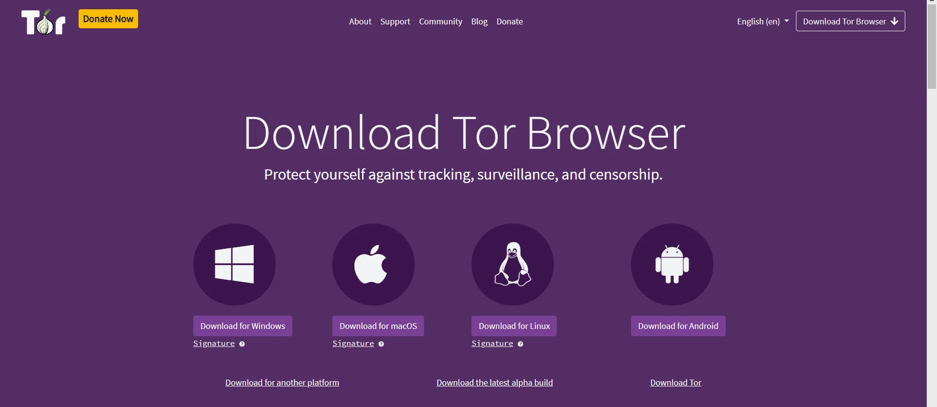 Página de download do navegador Tor