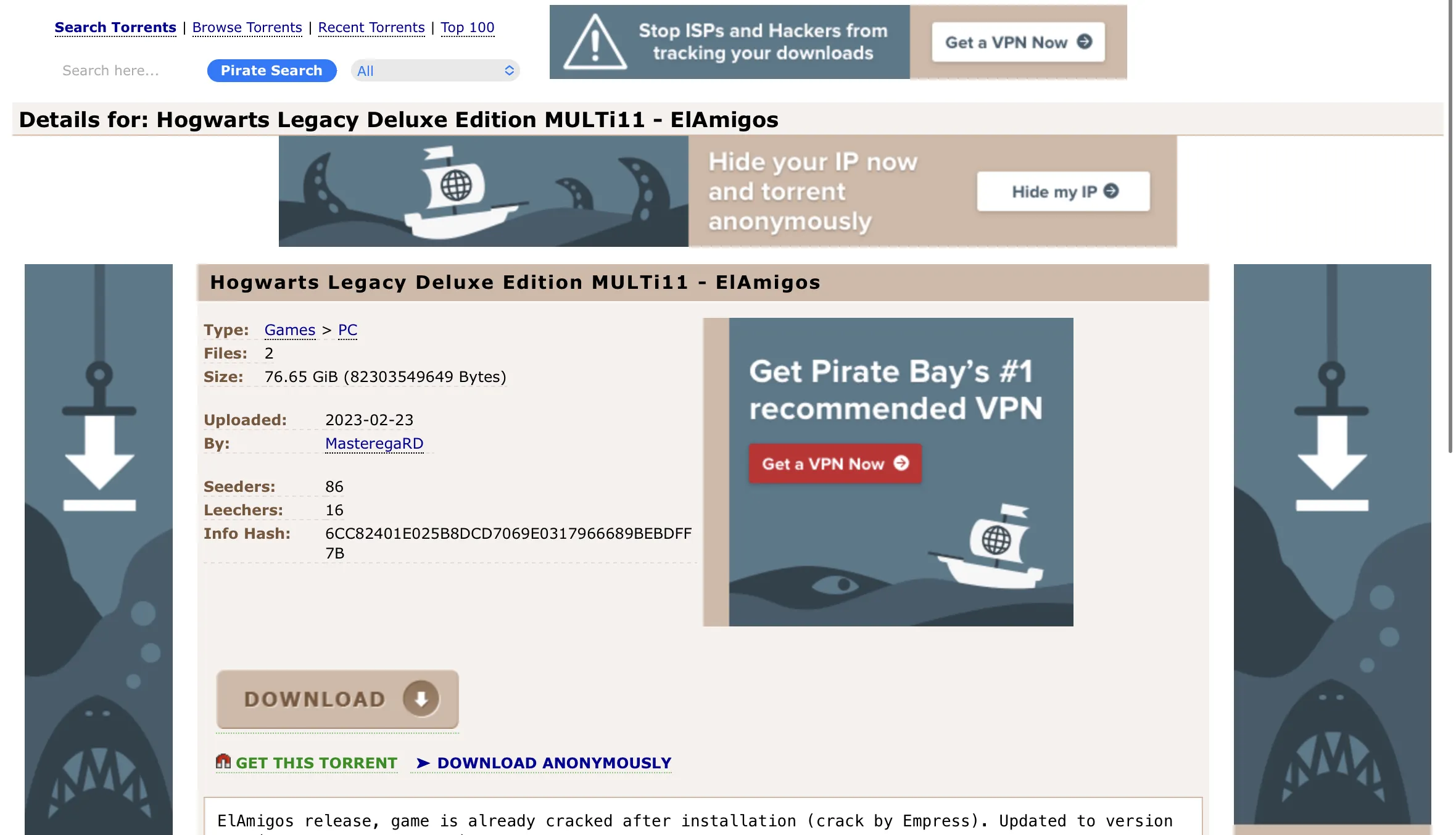 Um exemplo de jogo popular em um site pirata, cujos arquivos podem conter malware prejudicial