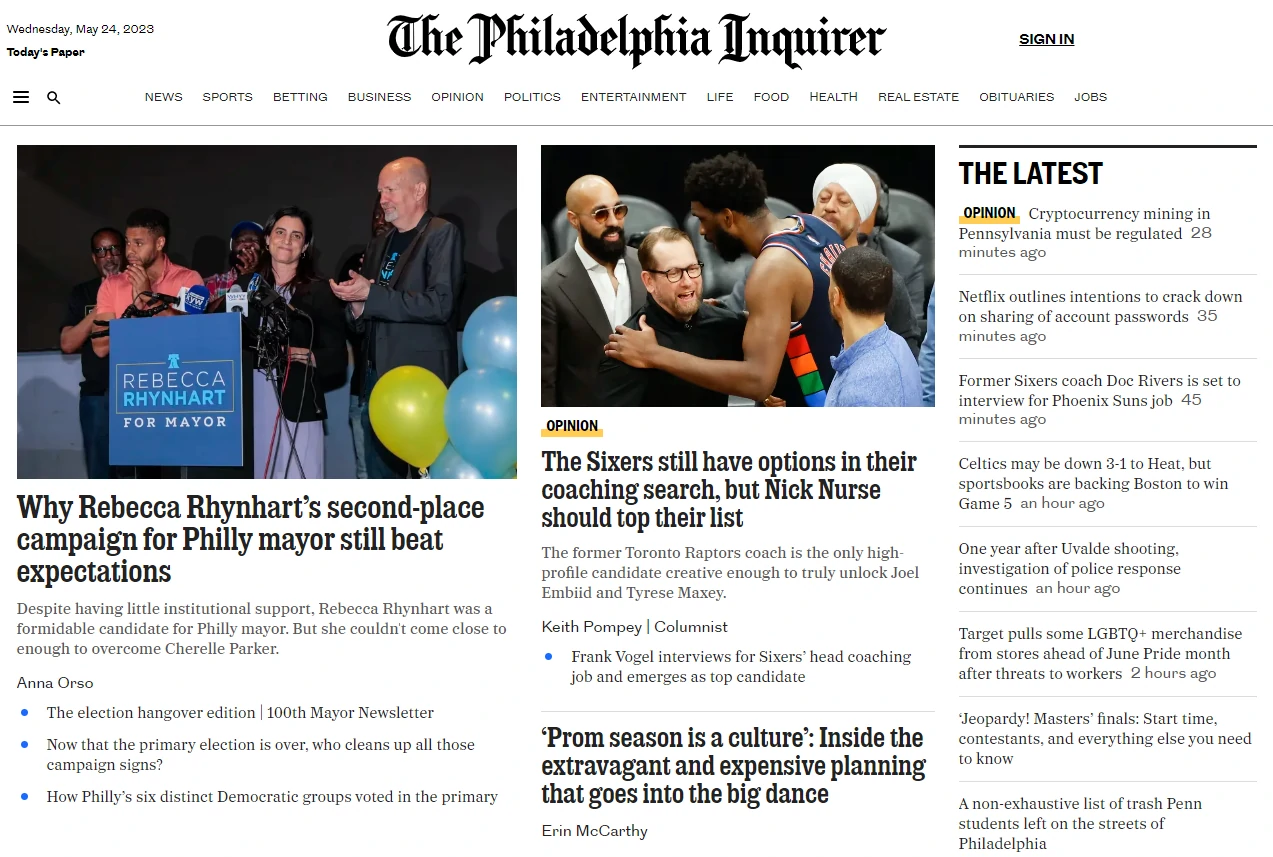 Captura de tela de uma versão eletrônica do Philadelphia Inquirer 