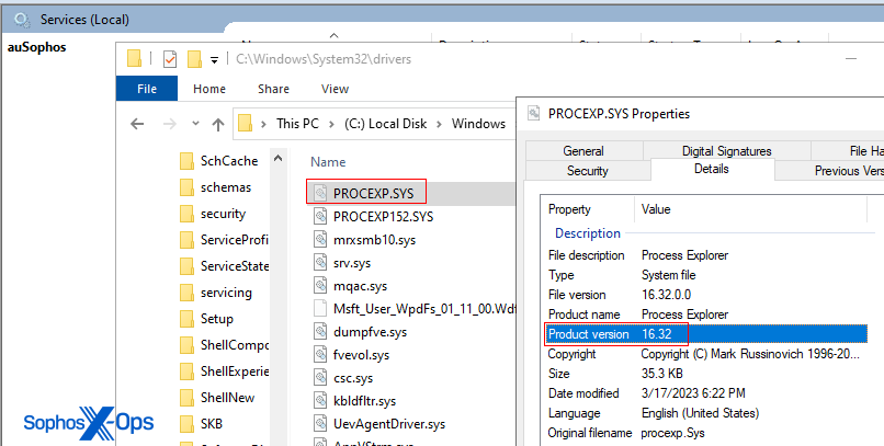 O driver do Process Explorer instalado maliciosamente, destacado em vermelho, na pasta Drivers ao lado do driver legítimo do Process Explorer, proxexp152.sys