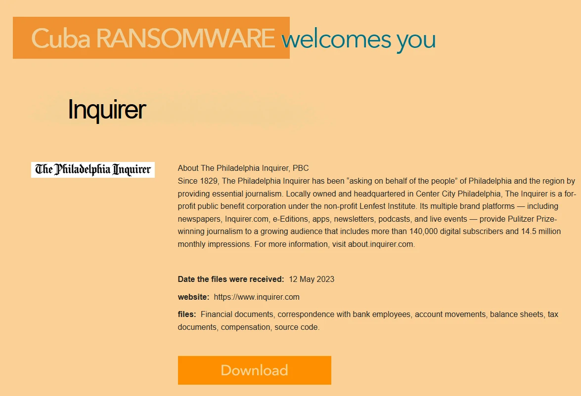 Captura de tela da publicação de dados no site de ransomware de Cuba 