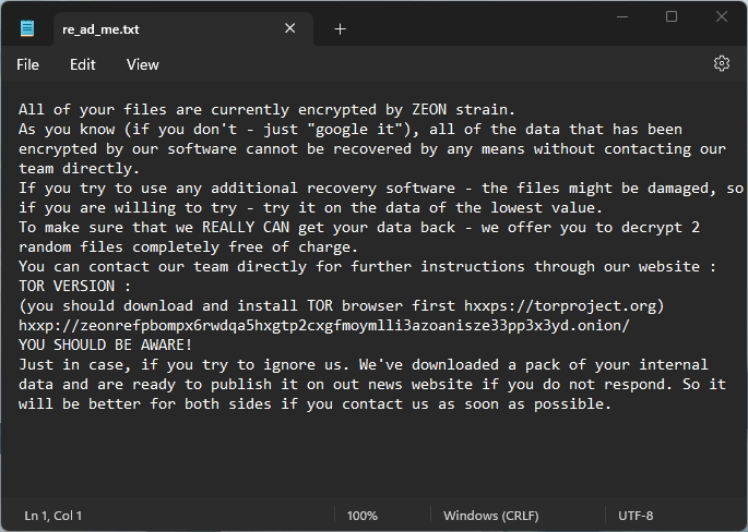 Captura de tela da nota de resgate do ransomware Zeon