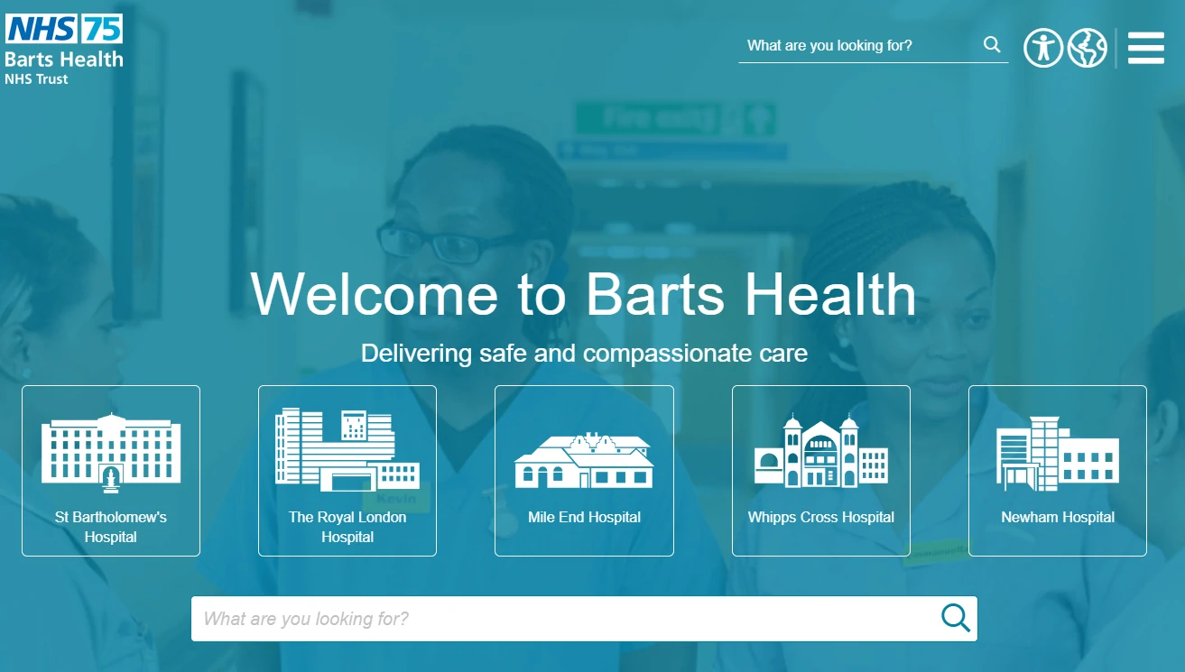 Captura de tela da página inicial do Barts Health NHS Trust
