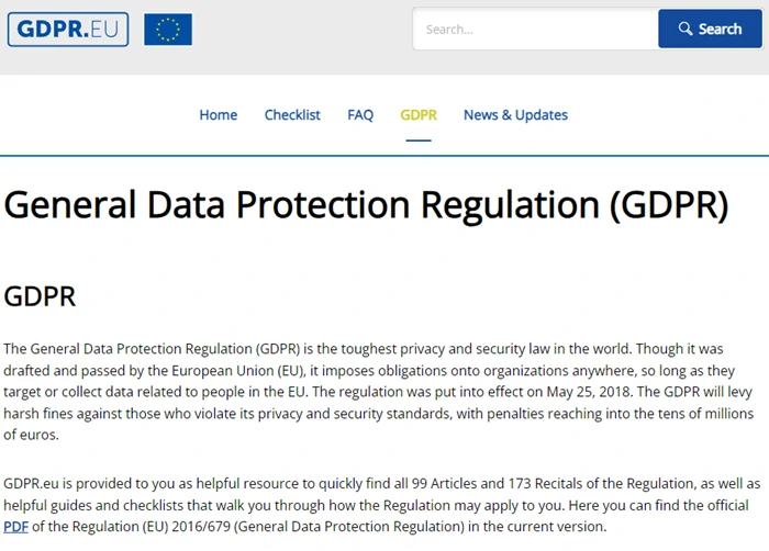 Captura de tela do site oficial do GDPR