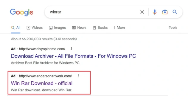 Anúncio falso do WinRar no resultado de pesquisa do Google
