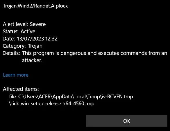 Captura de tela de detecção do Microsoft Defender