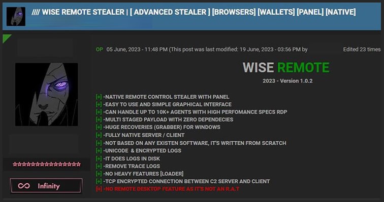Wise Remote Stealer no fórum de hackers