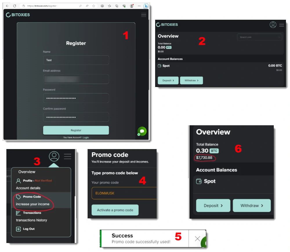 Capturas de tela com etapas desde o cadastro no site até o recebimento de um bônus por código promocional 