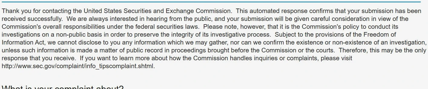 O recibo automatizado da SEC para a captura de tela do envio da reclamação