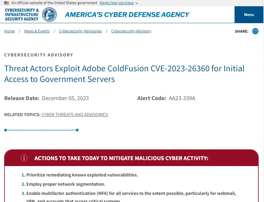 Captura de tela do relatório da Agência de Segurança Cibernética e de Infraestrutura