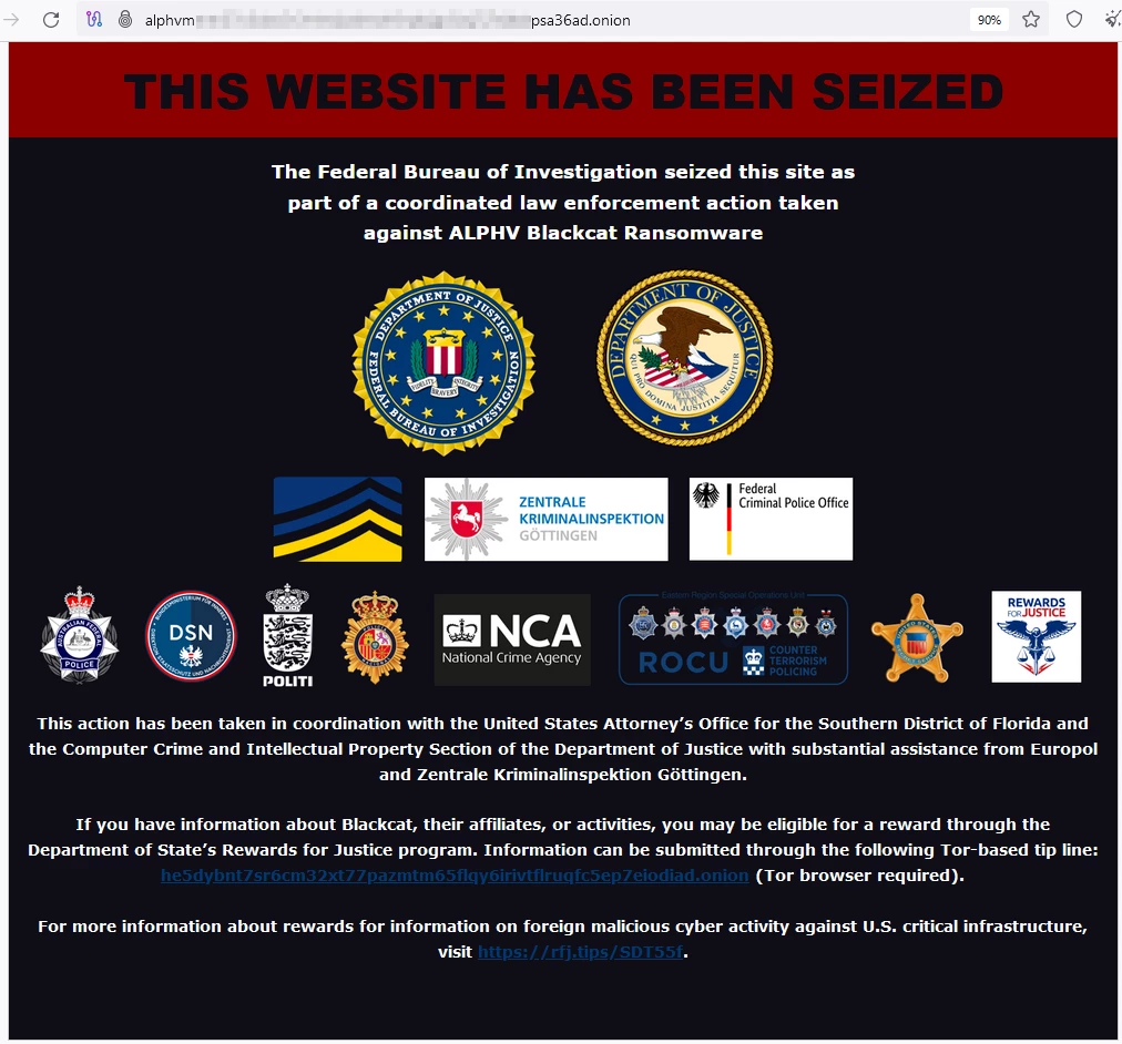 Banner do FBI do site ALPHV