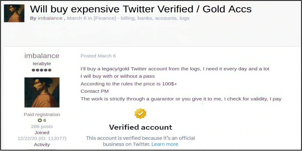 Captura de tela de atores de ameaças anunciando para comprar contas Twitter Gold em mercados da dark web