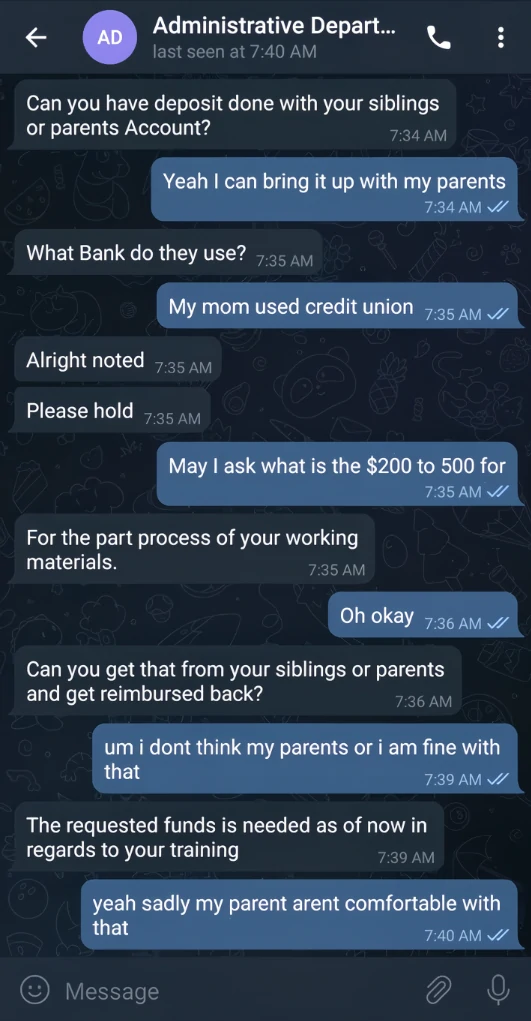 Captura de tela do Telegram, os golpistas pedem pagamento adiantado