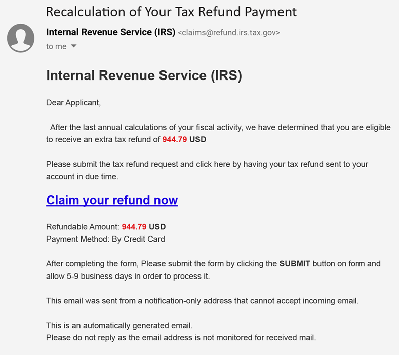Captura de tela do e-mail de phishing do IRS