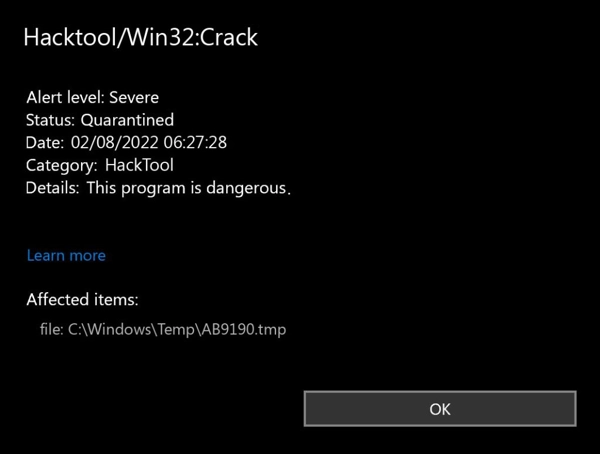 Ferramenta de invasão:Captura de tela de detecção de Win32/Crack