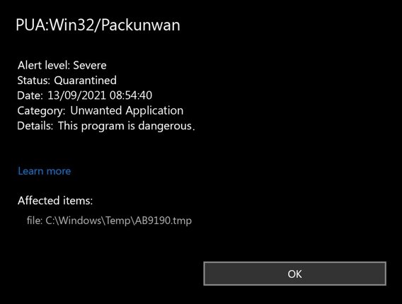 PUA:Captura de tela de detecção de Win32/Packunwan