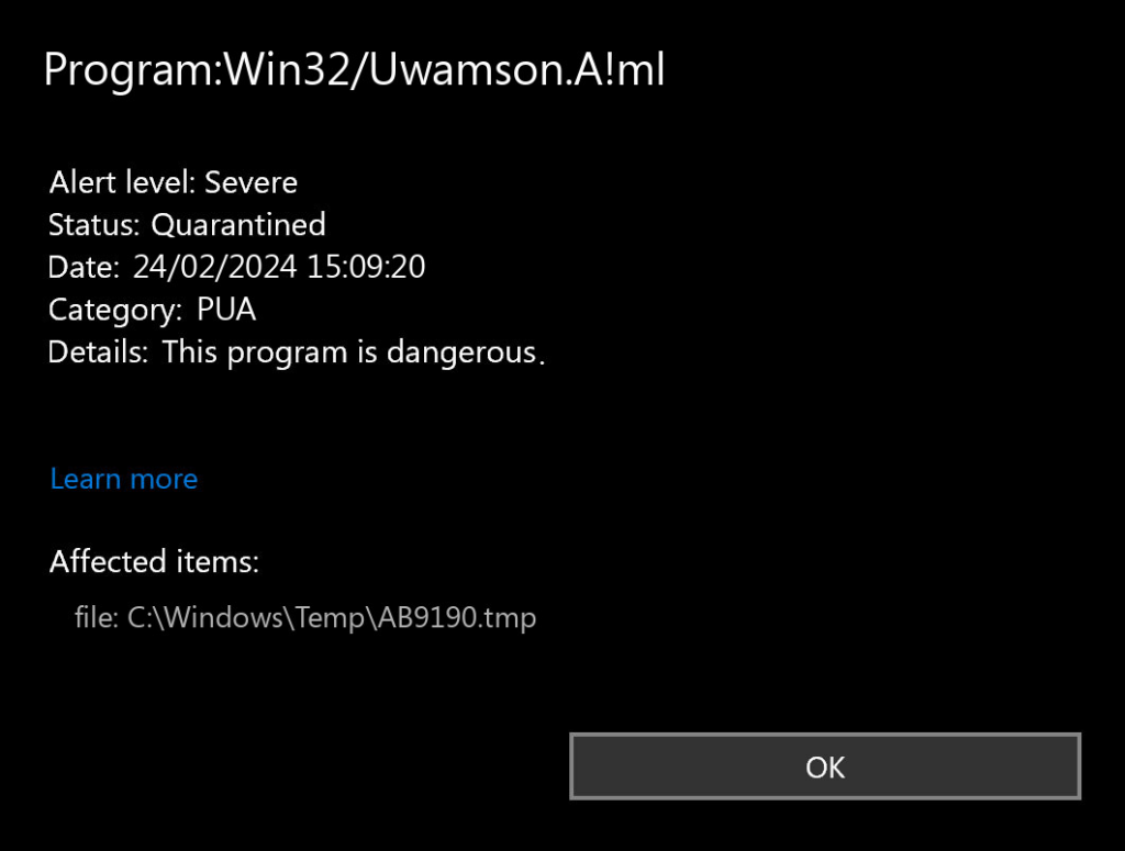 Win32/Uwamson.A!ml detection Defender