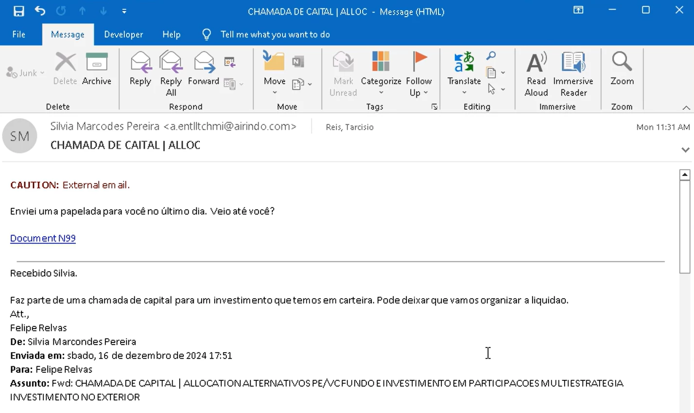 Captura de tela do e-mail de phishing