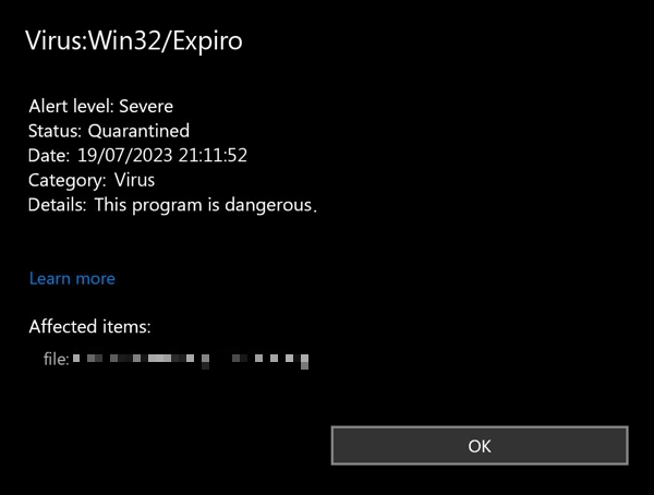 Virus:Captura de tela de detecção Win32/Expiro