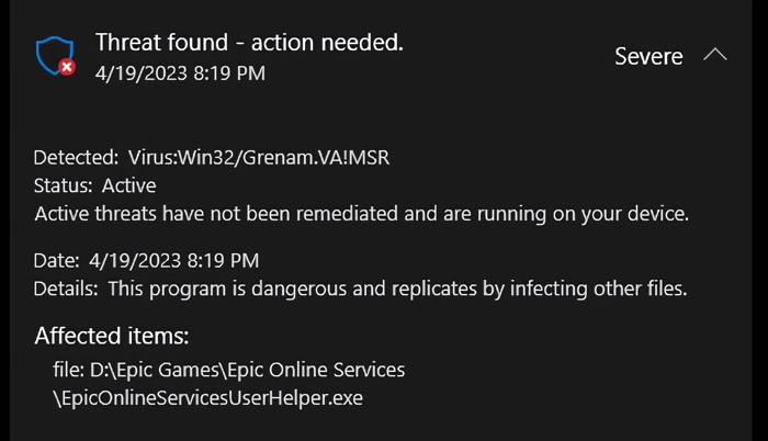 Virus:Win32/Grenam.VA!Captura de tela da janela de detecção de MSR