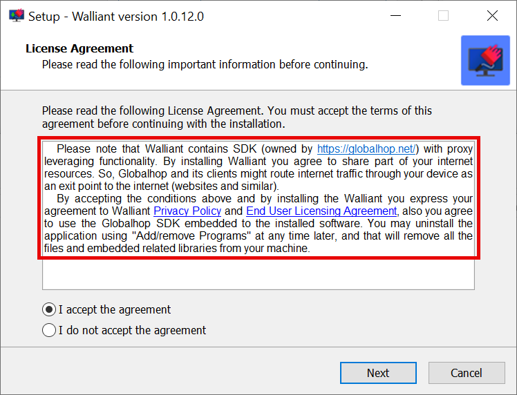 Captura de tela do Contrato de Licenciamento Walliant