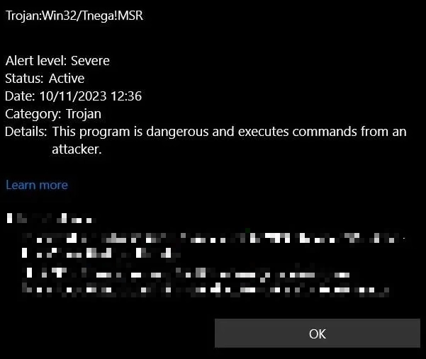 Trojan:Win32/Tnega!Captura de tela da janela de detecção de MSR