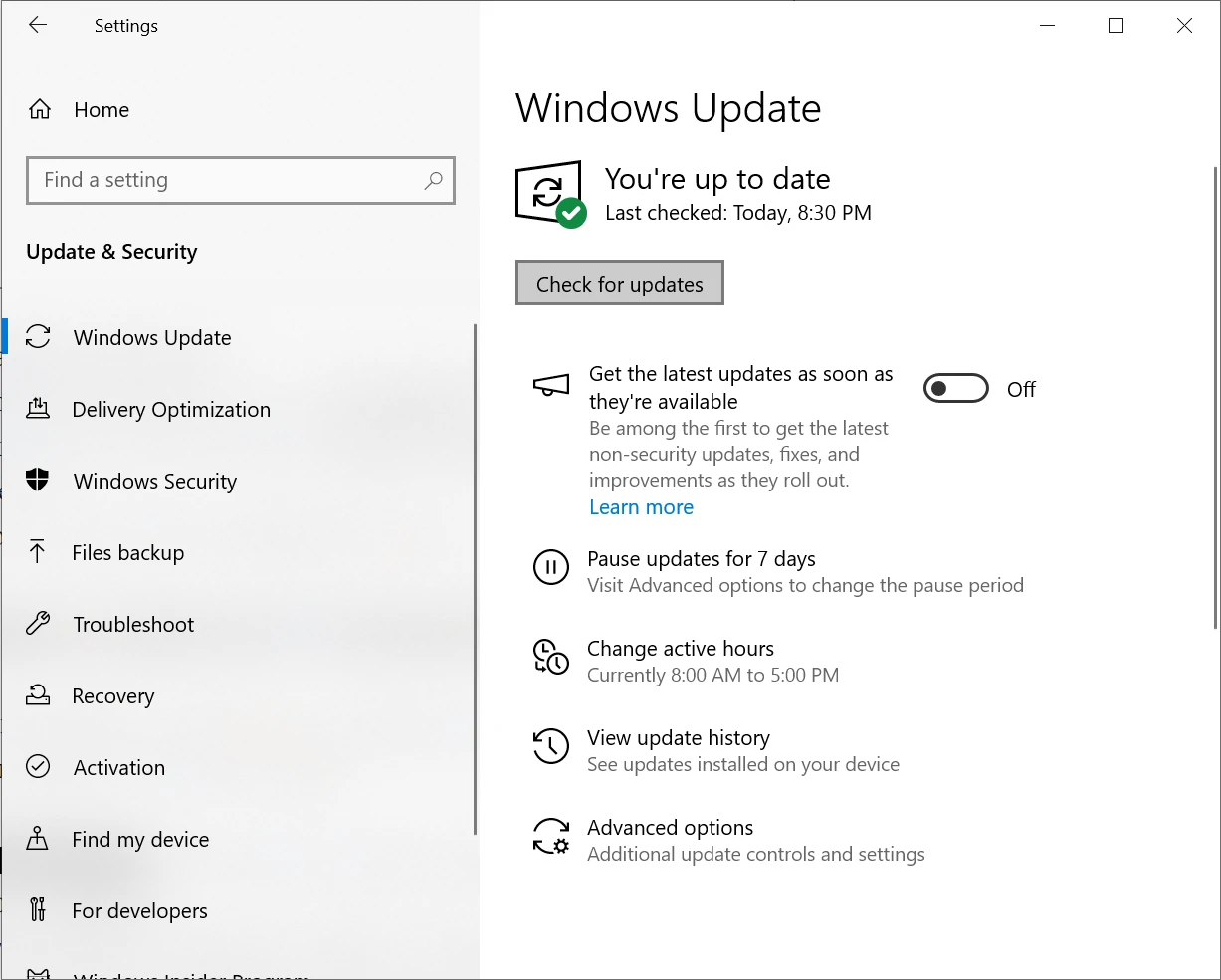 Captura de tela da página de atualização do Windows