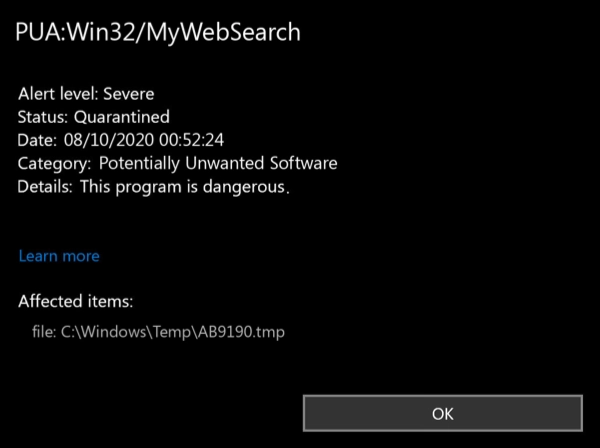 PUA:Captura de tela da janela de detecção Win32/MyWebSearch