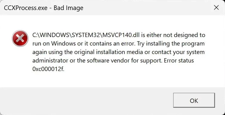 MSVCP140.dll error screenshot