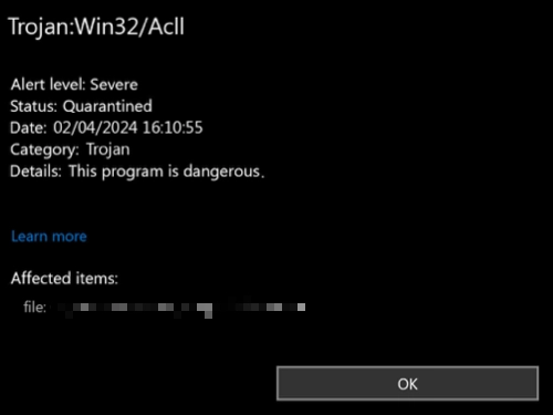 Trojan:Captura de tela da janela de detecção Win32/Acll