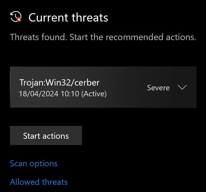 Trojan:Win32/Cerber detection screenshot