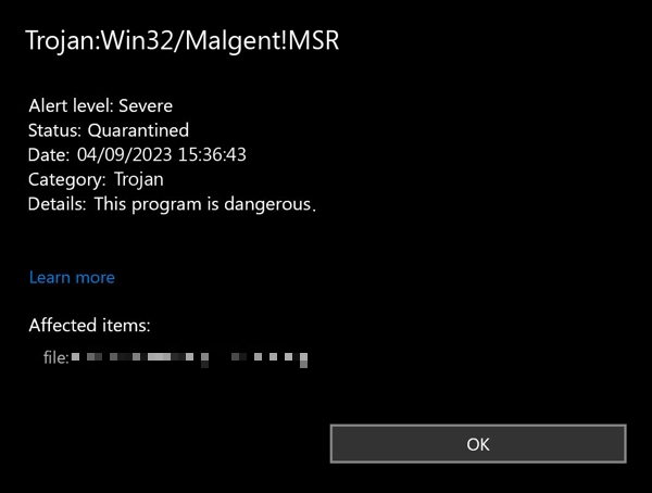 Trojan:Win32/Malgent!Captura de tela de detecção de MSR