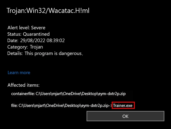 Captura de tela da notificação de detecção do Trojan:Win32/Wacatac.H!ml