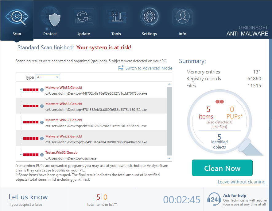 Tela de verificação do GridinSoft Anti-Malware