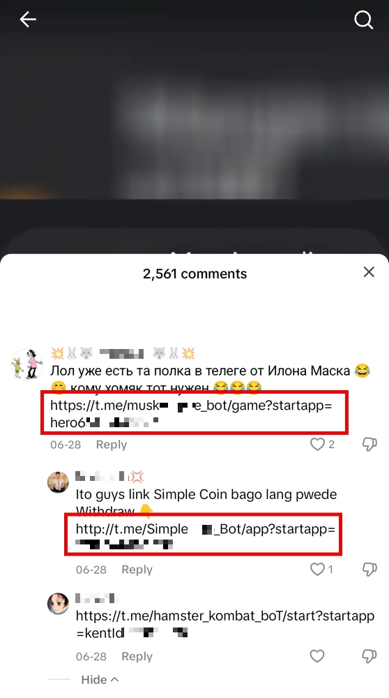 Captura de tela dos comentários do Tiktok