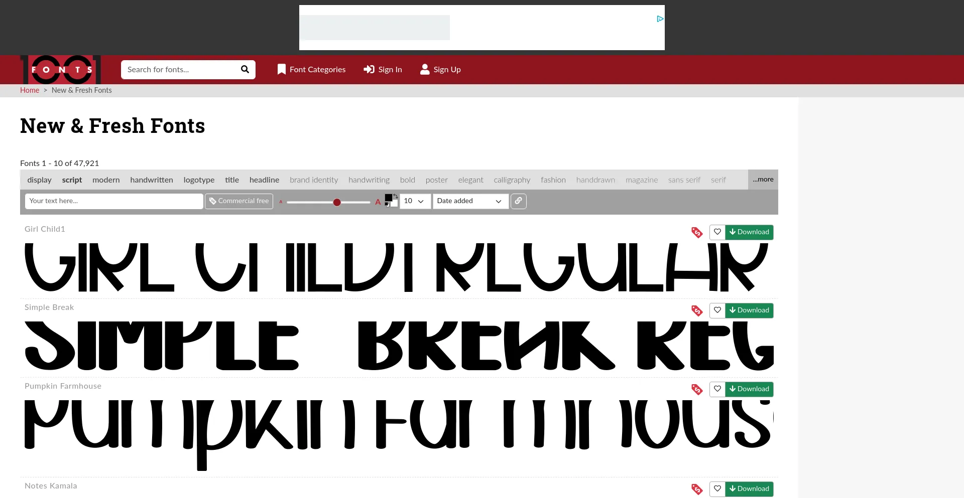Website screenshot of 1001fonts.com