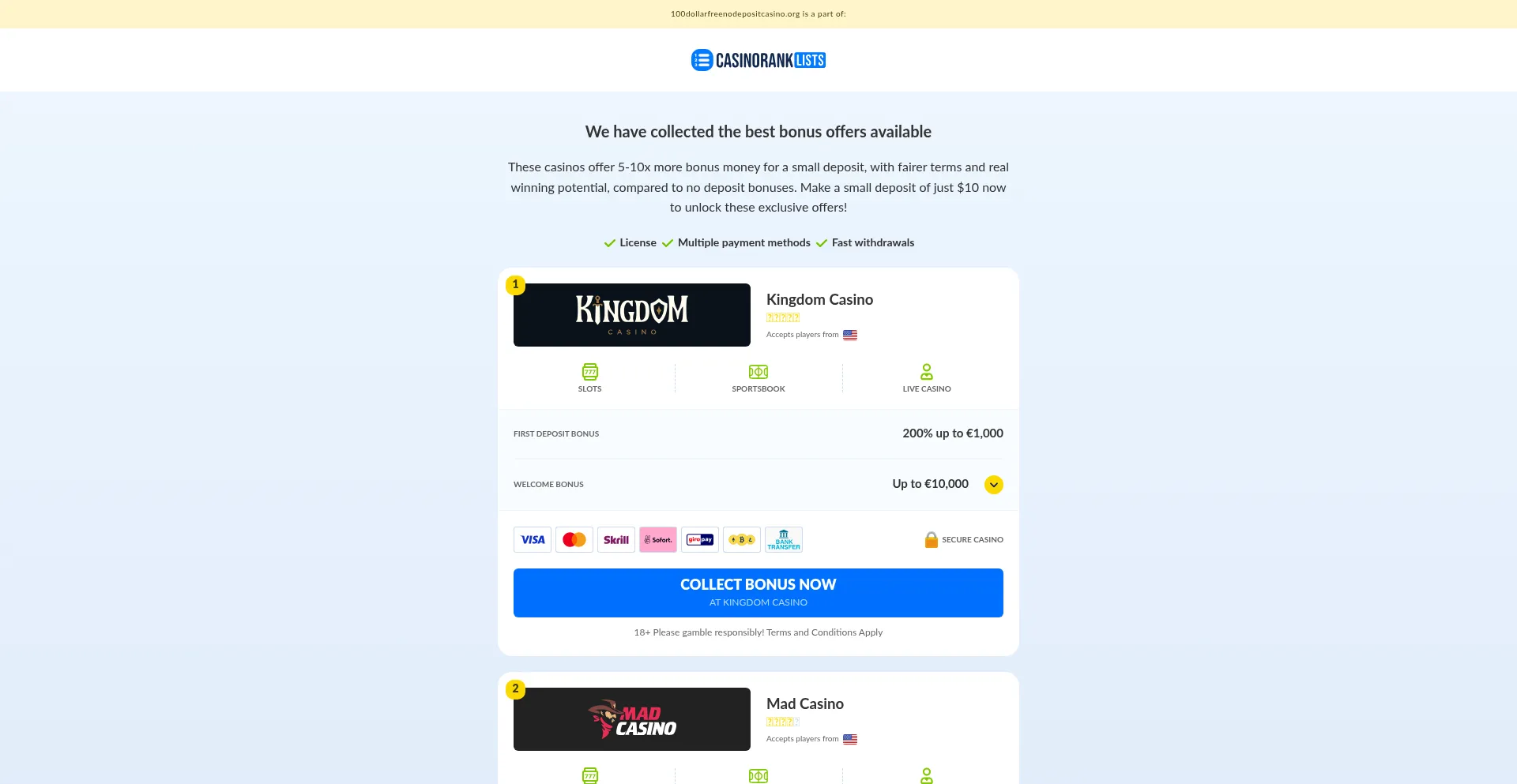 100dollarfreenodepositcasino.org Screenshot