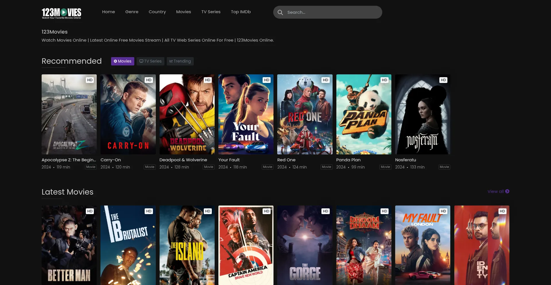 Website screenshot of 123movies.net.pk