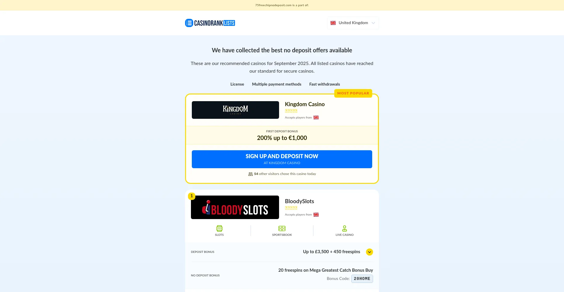 75freechipnodeposit.com é Seguro e Confiável?