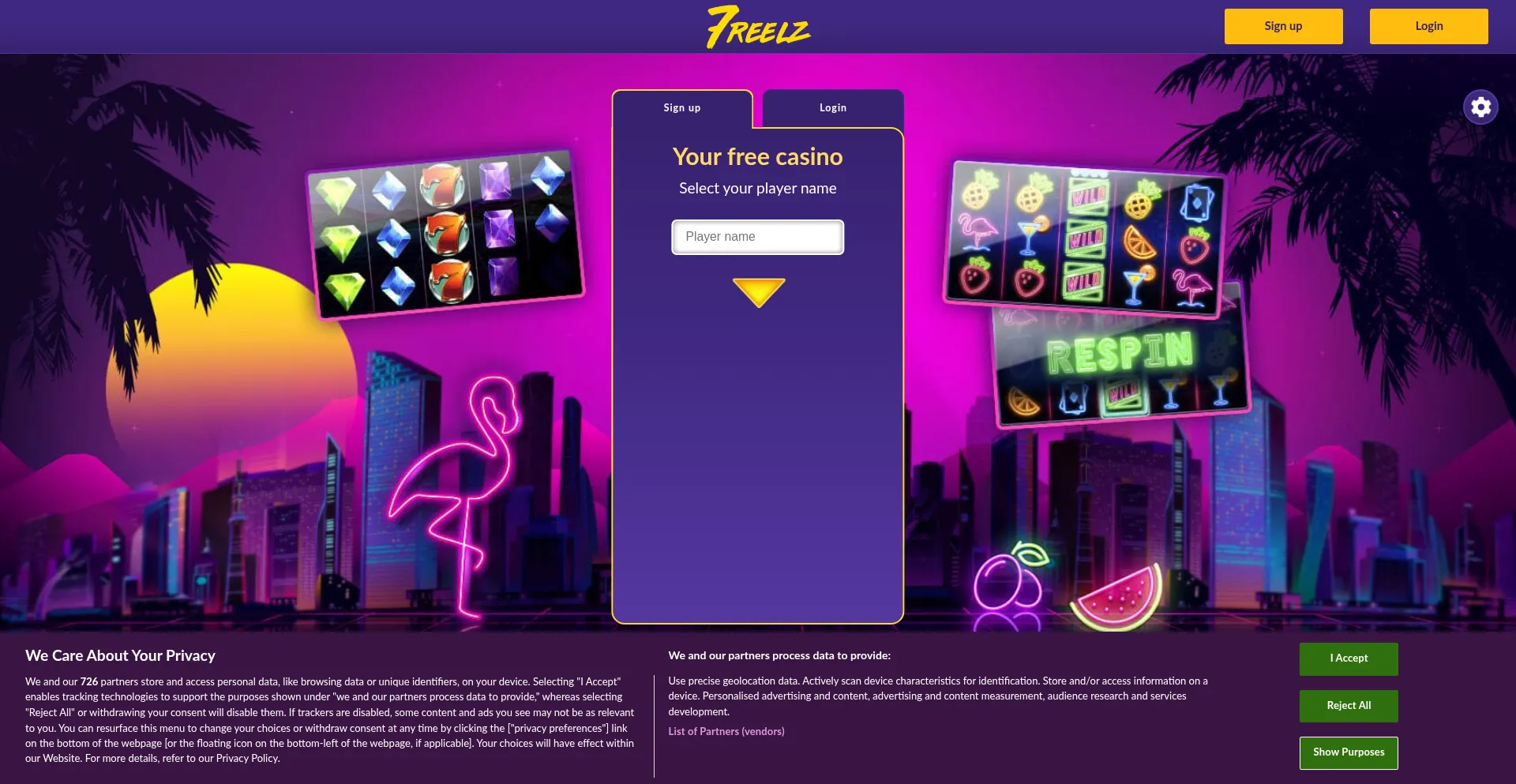 Website screenshot of 7reelz.com